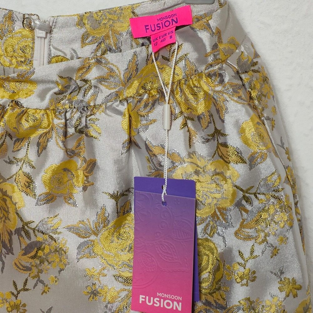 Monsoon Fusion Champagne Cream & yellow  Metallic Floral Tulip Skirt UK 12 New - Picture 5 of 6